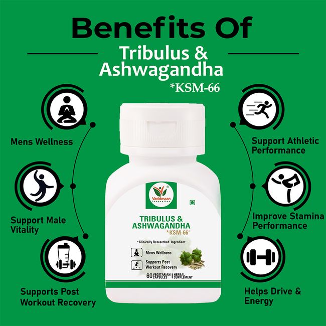 Tribulus (Gokshura) with KSM-66 Ashwagandha for Men, Testosterone Booster and Male Vitality Supplement