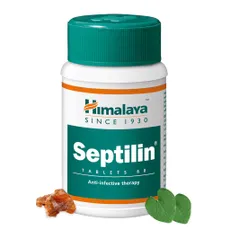 Himalaya Septilin tablets bottle with herbs beside it.