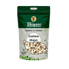 Green Tikaram cashew nuts package labeled "Goodness of Ayurveda."