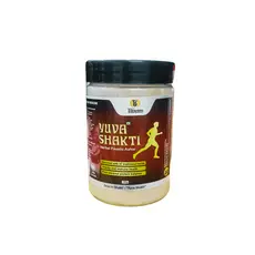 Yuva Shakti herbal powder jar with running figure on label.