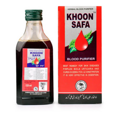 A bottle of Khoon Safa Syrup from Dawakhana Tibbiya College, M.U. Aligarh